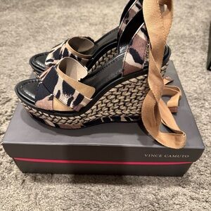 Vince Camuto Pharrah Camo Leopard Print Wedges with Black and Brown Straps